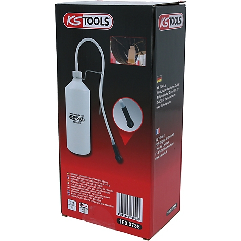 KS TOOLS-Box mit Ölflasche und Schlauch. Ein schwarzer Hintergrund mit roten Akzenten.